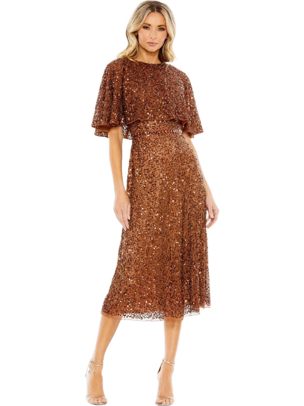 MAC DUGGAL COCKTAIL Embellished Cape High Neck Midi Dress - Copper